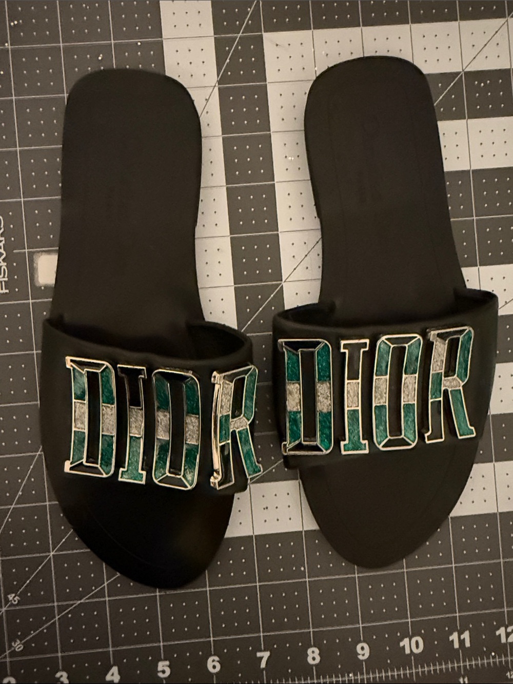 Dior Black Slide Sandals with Green Logo Inlay